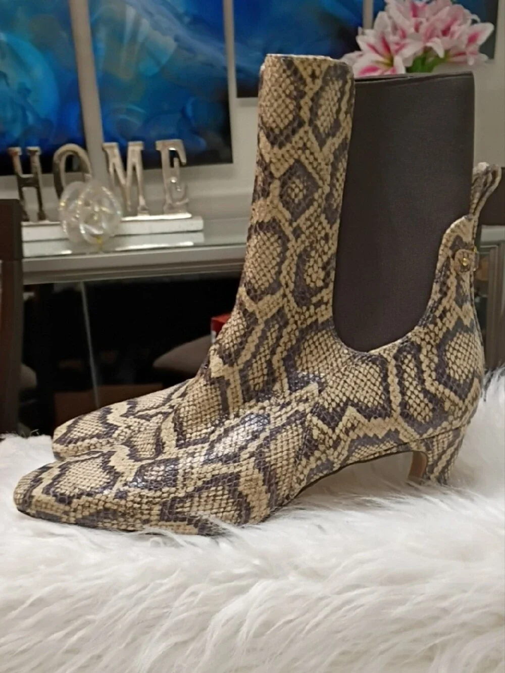 New Sam Edelman Margo Leather Snake-Print Chelsea Ankle Boots in Beige and Black